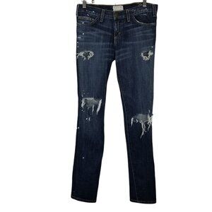 Current Elliot Women's 27 Loved Destroy Dark Wash Distressed Paint Splatter Skin